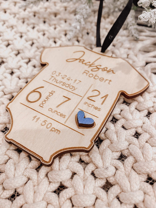 Baby's First Christmas Ornament – Personalized Birth Stats Onesie