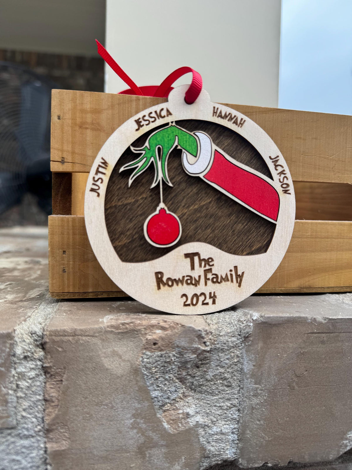 Personalized Grinch-Inspired Family Ornament – Walnut