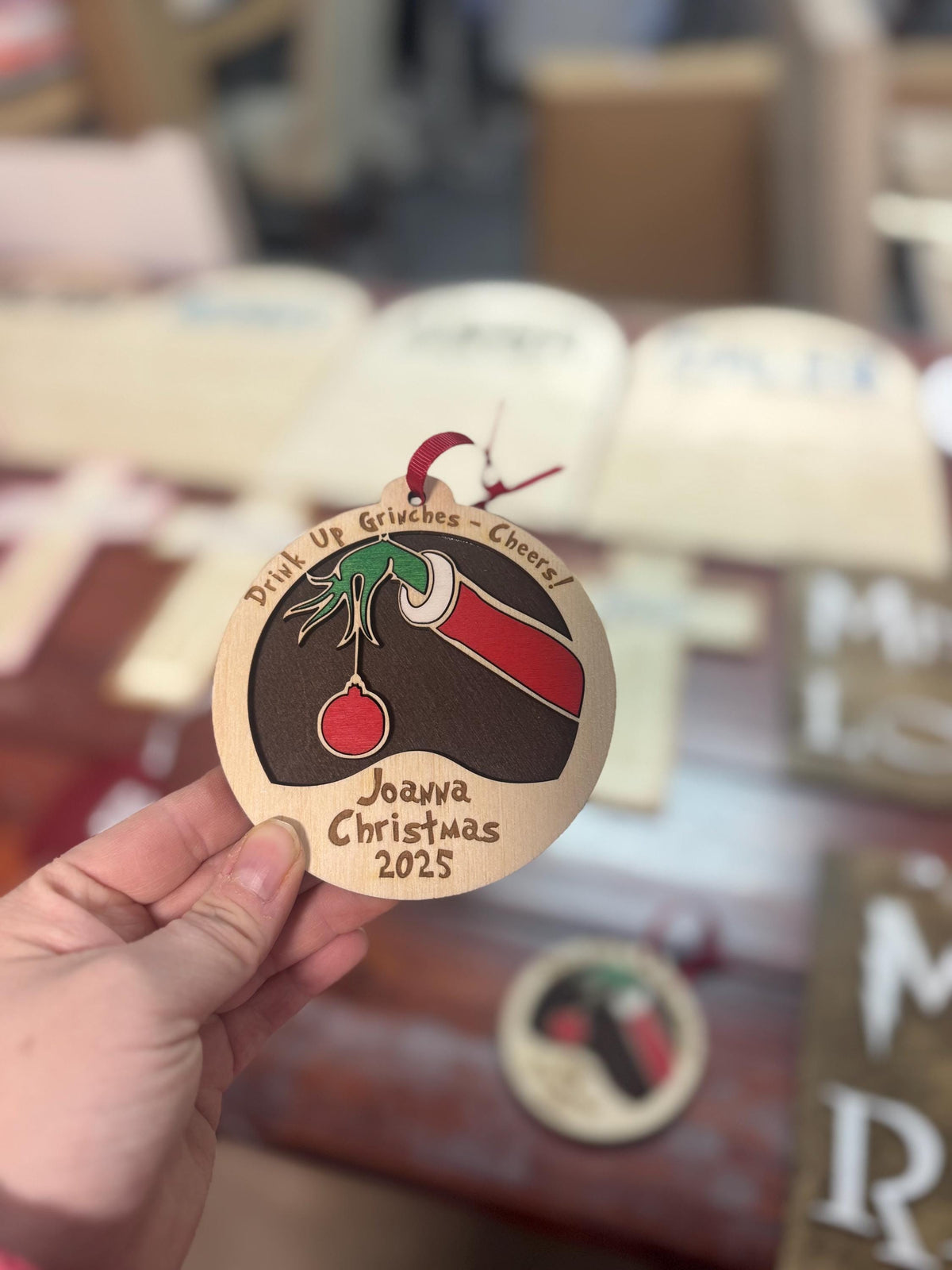Personalized Grinch-Inspired Family Ornament – Walnut