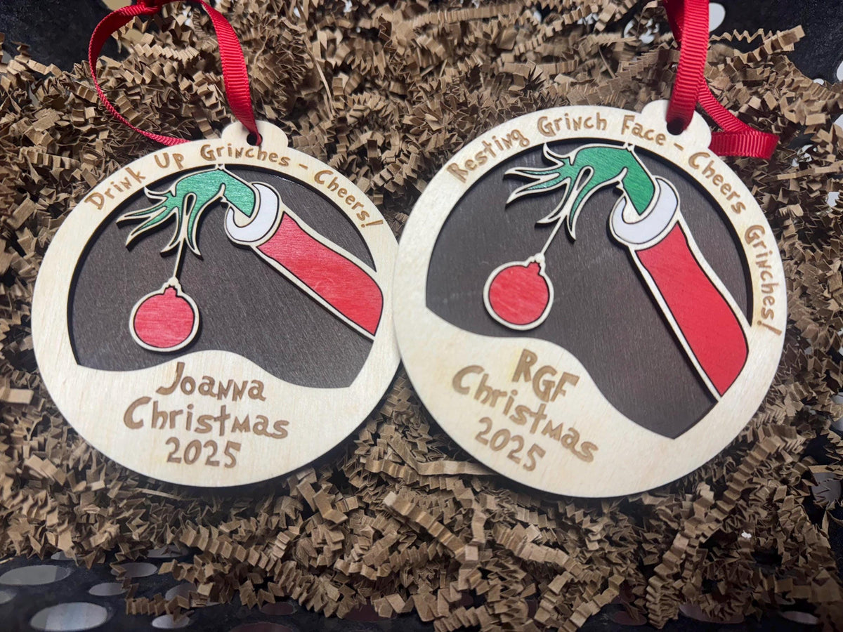 Personalized Grinch-Inspired Family Ornament – Walnut