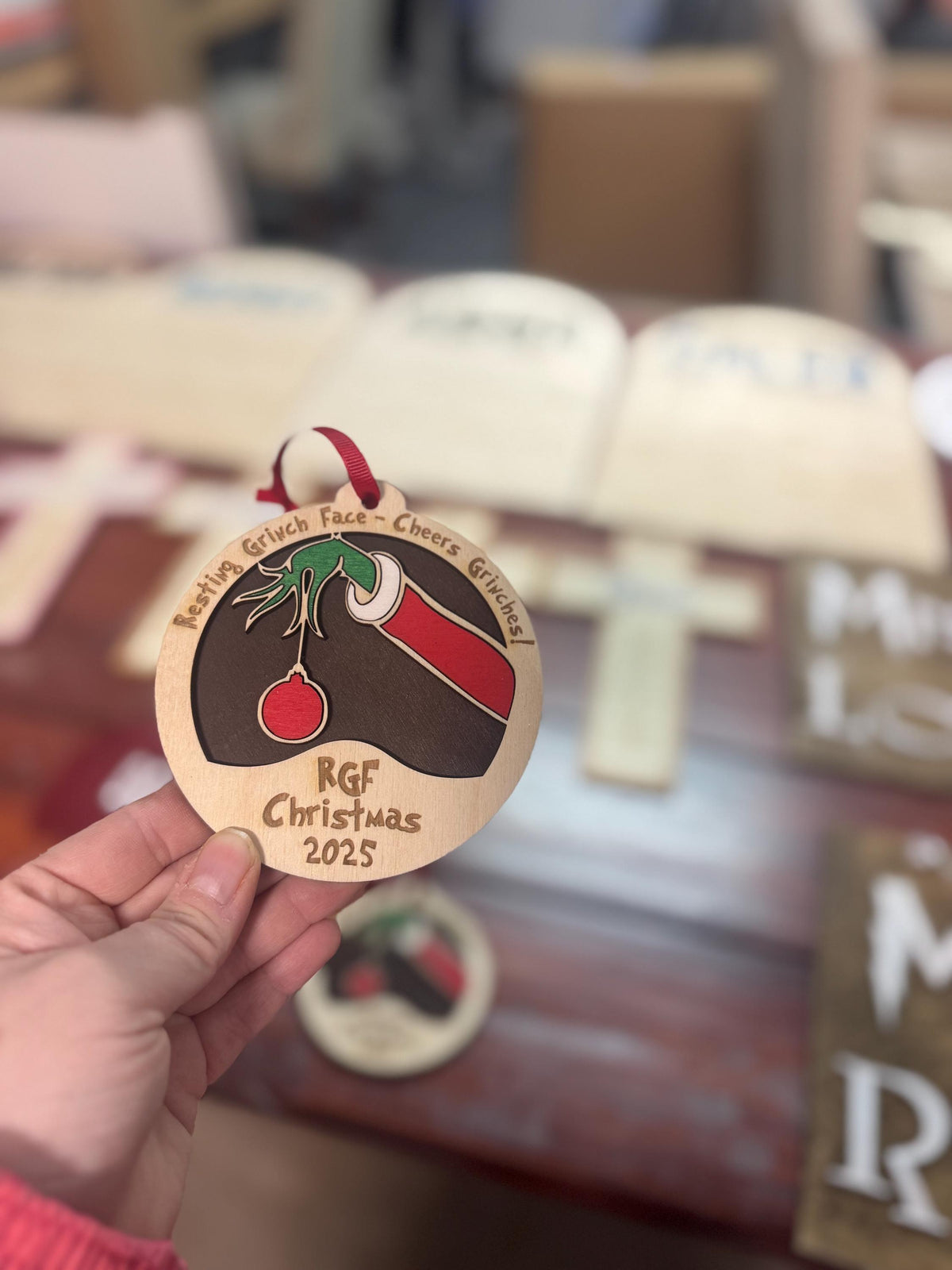 Personalized Grinch-Inspired Family Ornament – Walnut