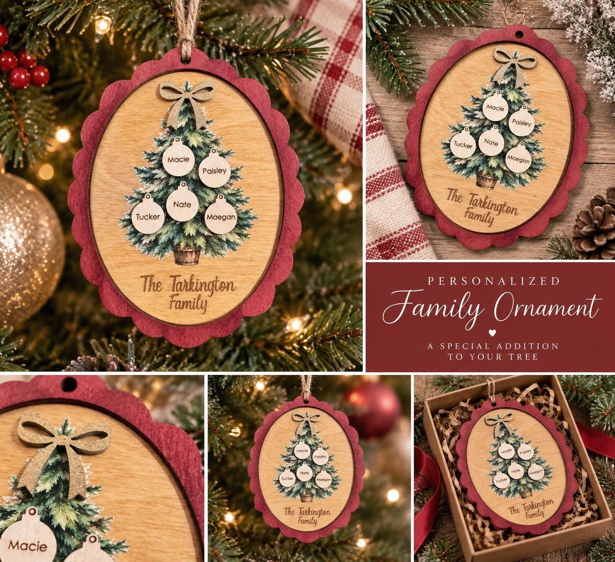 Personalized Watercolor Family Tree Ornament – Up to 10 Names
