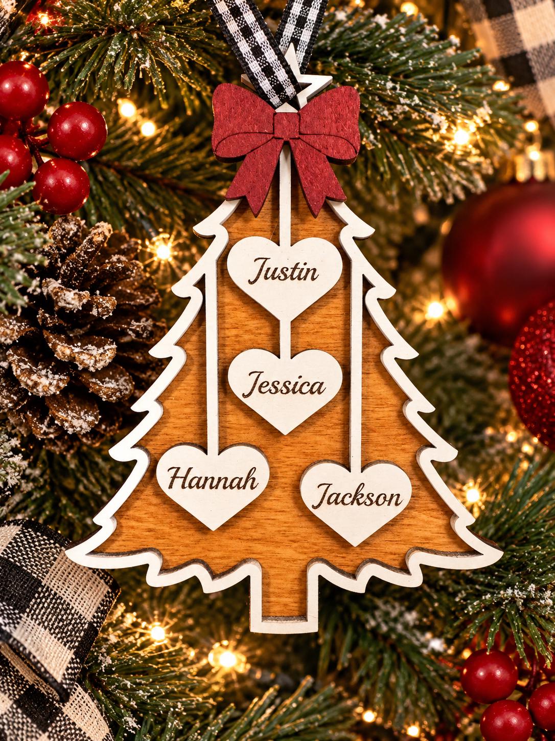 Personalized Family Christmas Tree Ornament – Up to 10 Name Hearts