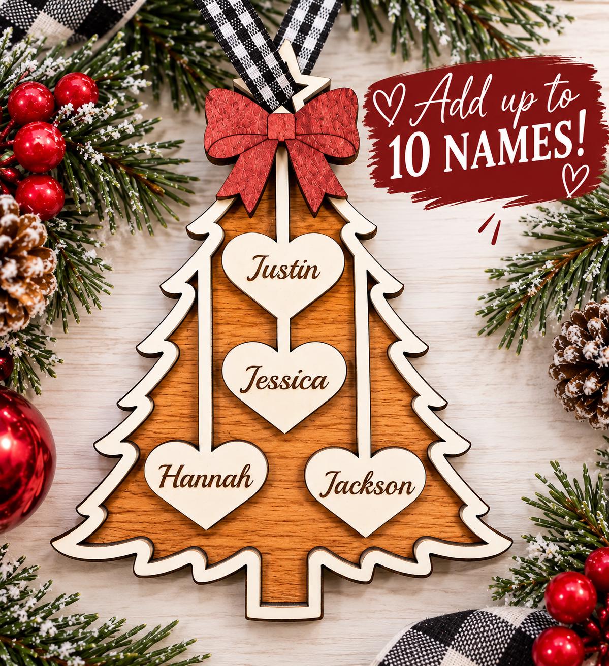 Personalized Family Christmas Tree Ornament – Up to 10 Name Hearts