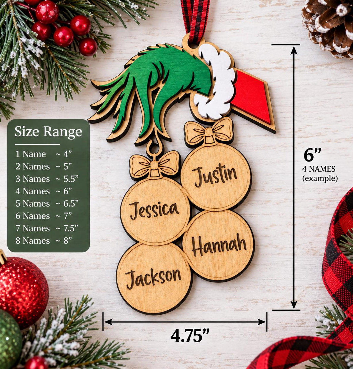 Personalized Grinch-Inspired Family Ornament – Up to 8 Names