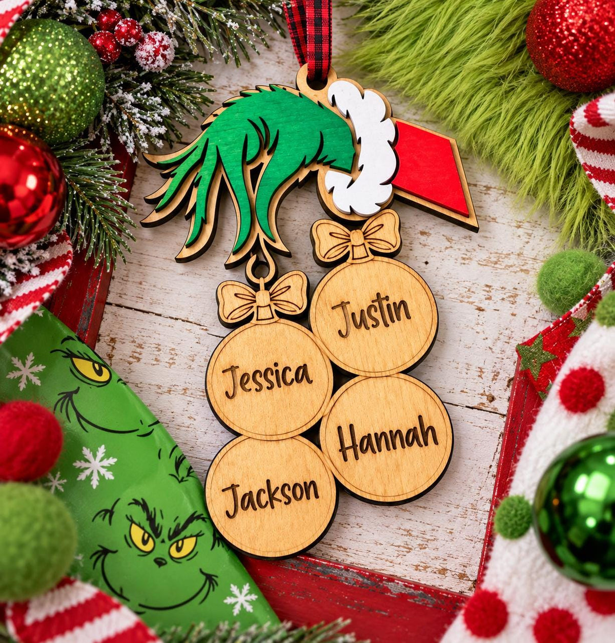 Personalized Grinch-Inspired Family Ornament – Up to 8 Names