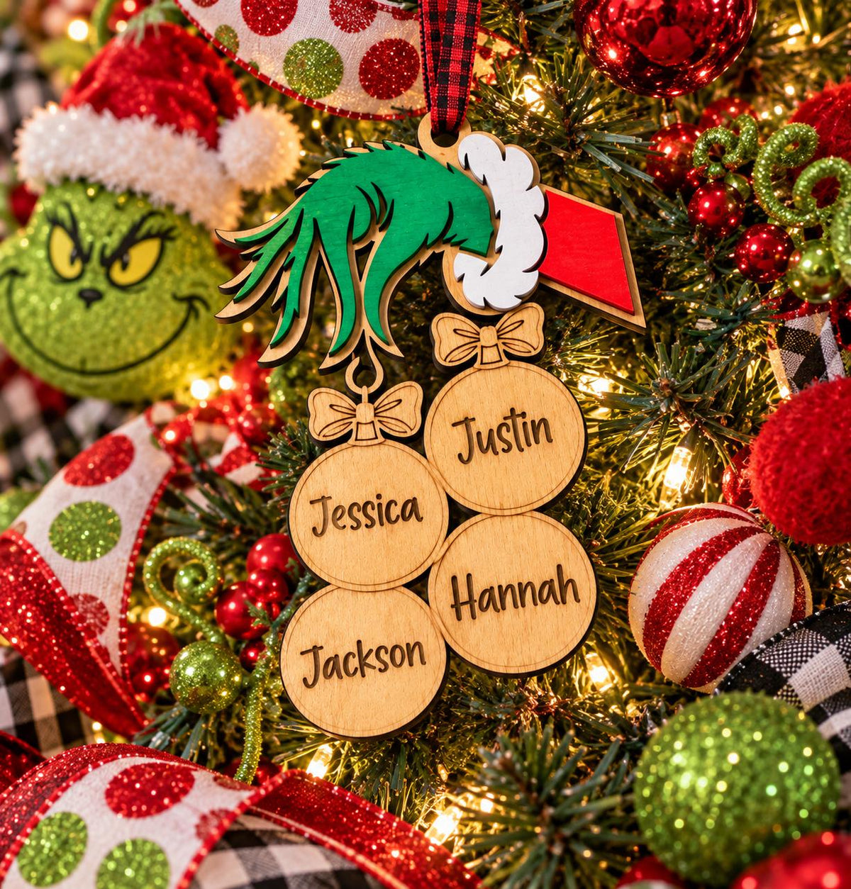 Personalized Grinch-Inspired Family Ornament – Up to 8 Names